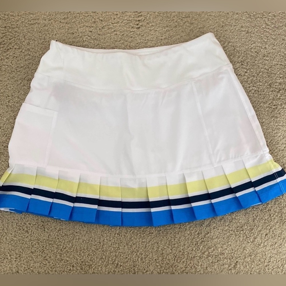 Addison Bay White Pleated Tennis Skirt with Blue and Yellow Stripes- worn once!